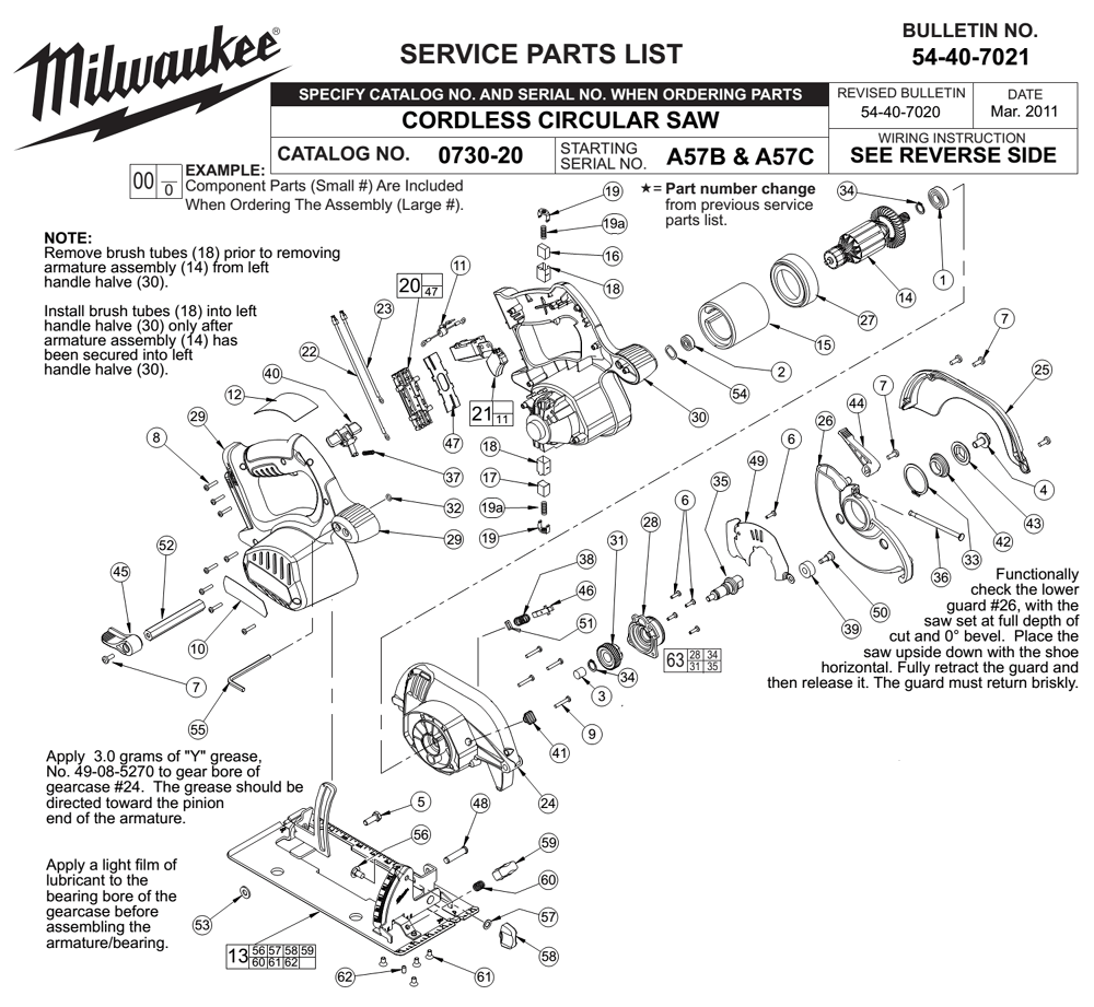 Milwaukee 073020(A57C) Parts List Milwaukee 073020(A57C) Repair