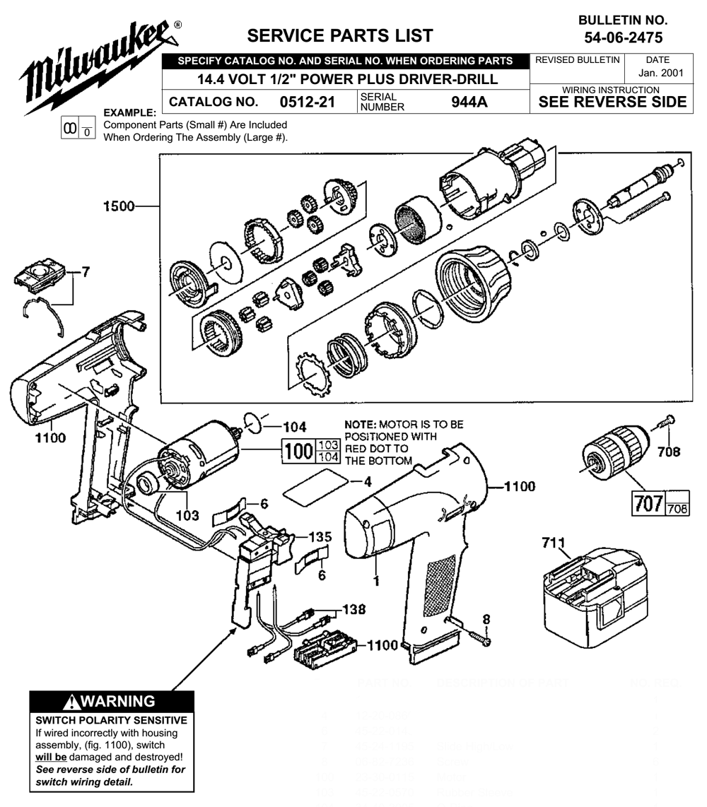 Milwaukee 0512-21-(944A) Parts List | Milwaukee 0512-21-(944A) Repair