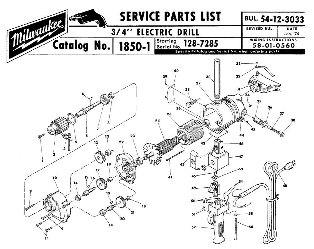 Milwaukee 1850-1-(128-7285) Parts List | Milwaukee 1850-1-(128-7285